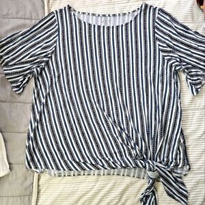 LOFT White and Navy Striped Tie-Hem Blouse